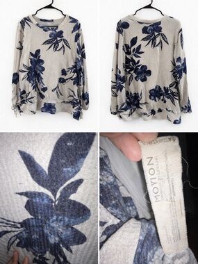 MOTIV Floral Waffle Knit Long Sleeve Top - Cream & Navy